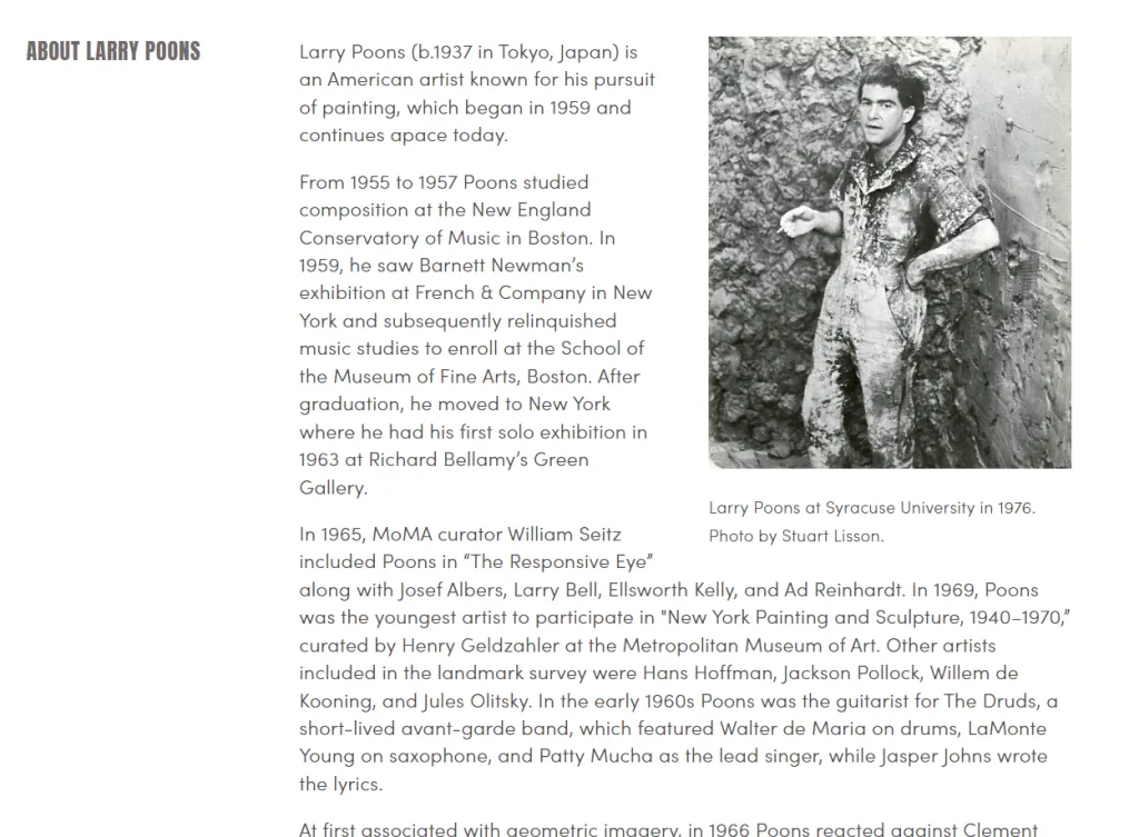 Larry Poons artist bio falls into the boring list of artist accomplishments but what separates it from boring is the natural photo.