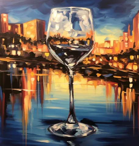 150 Easy Acrylic Painting Ideas for Beginners 287 Wine Glass Reflection - Paint a wine glass with a cityscape reflection.