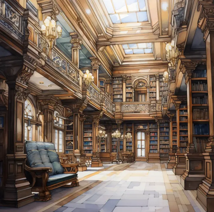 Copic Drawing Ideas: 120 Cool Things To Draw with Markers 27 Summary: A grand library interior with towering shelves.