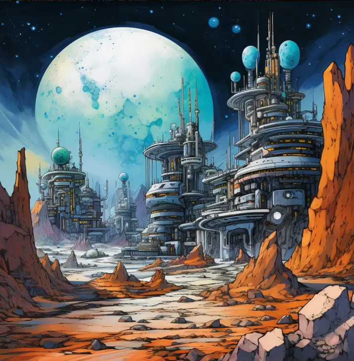 Copic Drawing Ideas: 120 Cool Things To Draw with Markers 31 Summary: A colony on another planet or moon, with domes and interconnected hubs.