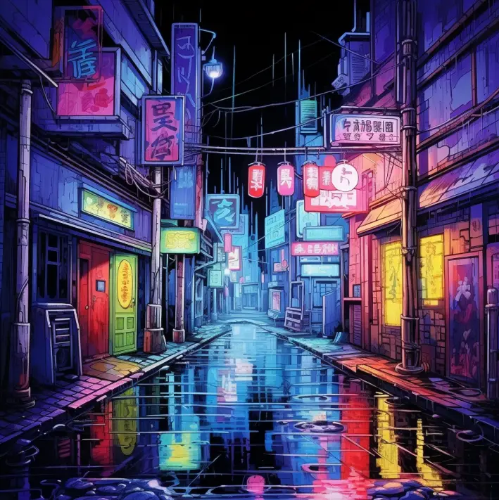 Copic Drawing Ideas: 120 Cool Things To Draw with Markers 33 Summary: A narrow alley illuminated by neon signs and lights.