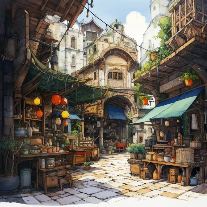 Copic Drawing Ideas: 120 Cool Things To Draw with Markers 35 Summary: Bustling marketplace with stalls, people, and old architecture.
