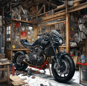 Copic Drawing Ideas: 120 Cool Things To Draw with Markers 19 Summary: An intricate workshop scene with a motorcycle being repaired or customized.