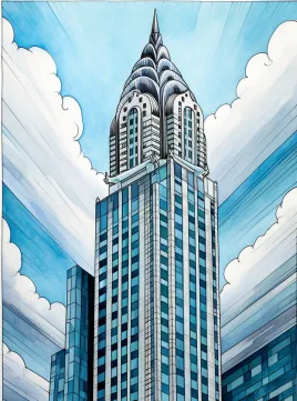 Copic Drawing Ideas: 120 Cool Things To Draw with Markers 21 Summary: Illustrate a tall, slender skyscraper inspired by iconic structures like the Chrysler Building.