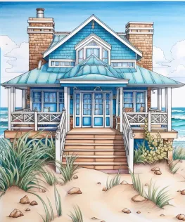 Copic Drawing Ideas: 120 Cool Things To Draw with Markers 25 Summary: Beach houses overlooking a serene sea.