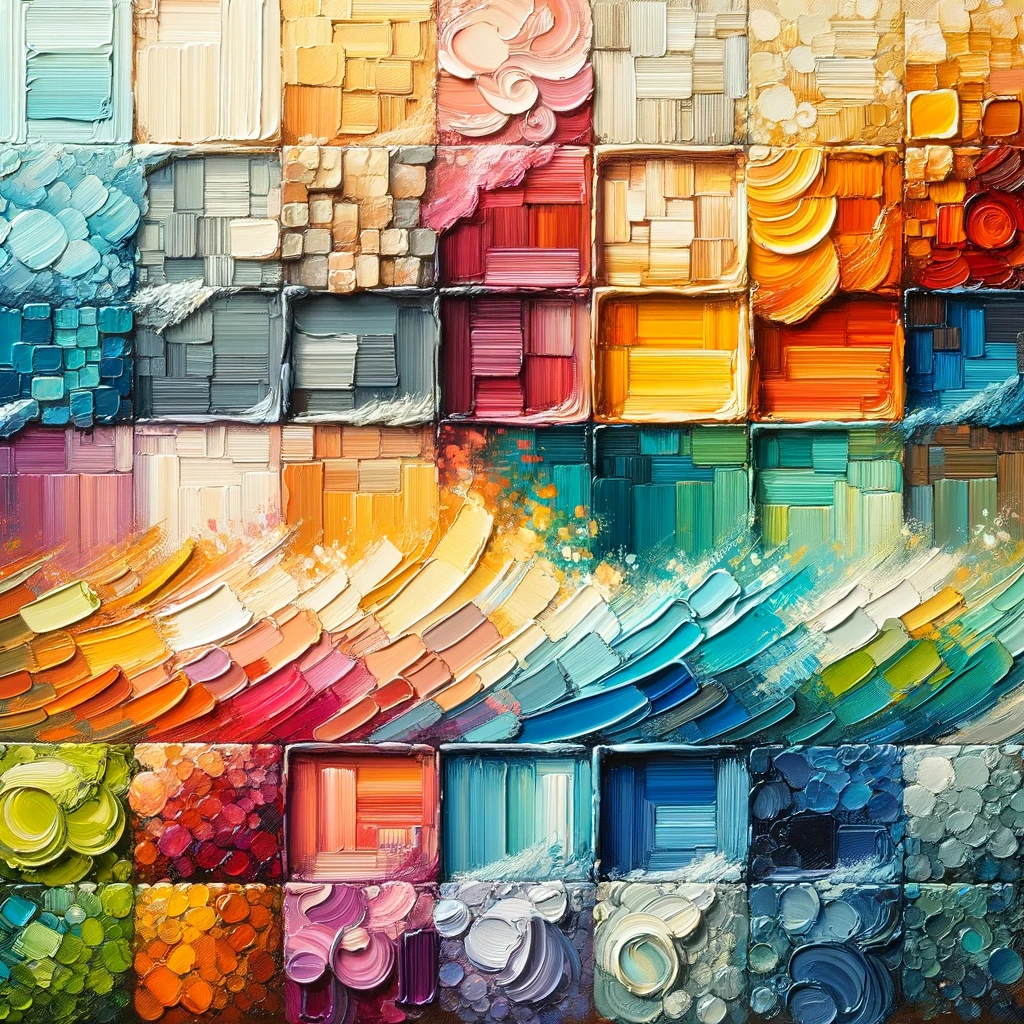 14 Ways On How To Create Texture In Painting - Easy Tips for Artists 1 an image that showcases a variety of textures used in art. The painting includes different sections, each with a unique texture, such as thick impasto brushwork, smooth gradients, crackled textures, and fine stippling, all unified by a harmonious color palette.